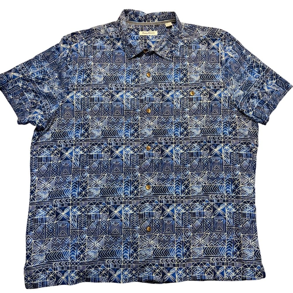 Tommy Bahama Mens 3XL Blue White Geometric Tribal Print Short Sleeve Shirt